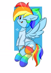 Size: 2039x2893 | Tagged: safe, artist:skylinepony_, derpibooru import, rainbow dash, pegasus, pony, g4, bracelet, clothes, female, jewelry, looking at you, mare, one eye closed, open mouth, open smile, passepartout, rainbow bracelet, rainbow socks, simple background, smiling, socks, solo, striped socks, white background, wink, winking at you