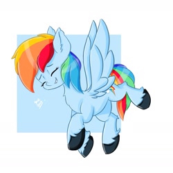 Size: 1967x1967 | Tagged: safe, artist:skylinepony_, derpibooru import, rainbow dash, pegasus, pony, g4, backwards cutie mark, chest fluff, ear fluff, ears, eyes closed, female, grin, hock fluff, mare, passepartout, signature, smiling, solo, spread wings, unshorn fetlocks, wings