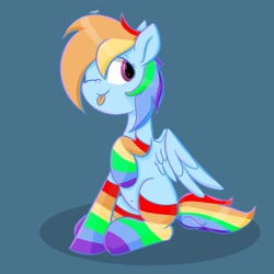 Size: 2521x2521 | Tagged: safe, artist:skylinepony_, derpibooru import, rainbow dash, pegasus, pony, g4, ;p, clothes, female, looking at you, mare, one eye closed, partially open wings, rainbow socks, sitting, smiling, smiling at you, socks, solo, striped socks, tail, tongue, tongue out, wings, wink, winking at you