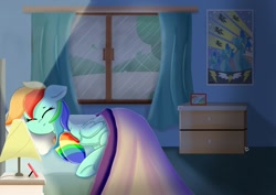 Size: 1199x848 | Tagged: safe, artist:skylinepony_, derpibooru import, rainbow dash, pegasus, pony, g4, bed, bedroom, blanket, clothes, curtains, drawer, eyes closed, female, folded wings, indoors, lamp, lying down, lying on bed, mare, nightstand, on bed, picture frame, pillow, rain, rainbow socks, sleeping, socks, solo, striped socks, underhoof, window, wings, wonderbolts poster