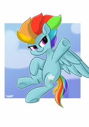 Size: 2039x2893 | Tagged: safe, artist:skylinepony_, derpibooru import, rainbow dash, pegasus, pony, g4, female, flying, hoof in air, mare, passepartout, signature, smiling, solo, spread wings, tail, underhoof, wings