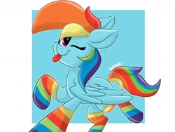 Size: 1600x1200 | Tagged: safe, artist:skylinepony_, derpibooru import, rainbow dash, pegasus, pony, g4, ;p, clothes, female, looking at you, mare, one eye closed, passepartout, rainbow socks, signature, smiling, smiling at you, socks, solo, striped socks, tail, tongue, tongue out, wings, wink, winking at you