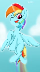 Size: 720x1274 | Tagged: safe, artist:skylinepony_, derpibooru import, rainbow dash, pegasus, pony, g4, female, flying, mare, one eye closed, open mouth, open smile, rainbow trail, smiling, solo