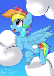 Size: 480x680 | Tagged: safe, artist:skylinepony_, derpibooru import, rainbow dash, pegasus, pony, g4, cloud, female, flying, mare, open mouth, open smile, smiling, solo, spread wings, wings