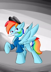 Size: 2480x3508 | Tagged: safe, artist:skylinepony_, derpibooru import, rainbow dash, pegasus, pony, g4, clothes, female, hat, knife, mare, mouth hold, solo, spread wings, wings