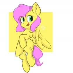 Size: 1672x1672 | Tagged: safe, artist:skylinepony_, derpibooru import, fluttershy, pegasus, pony, g4, female, mare, open mouth, open smile, passepartout, signature, smiling, solo