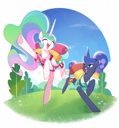 Size: 1000x1077 | Tagged: safe, artist:megarock, derpibooru import, princess celestia, princess luna, alicorn, pony, between dark and dawn, g4, bag, clothes, cloud, eyes closed, female, grass, hoof heart, mare, open mouth, raised hoof, raised leg, royal sisters, shirt, siblings, sisters, smiling, tree, underhoof