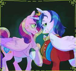 Size: 1600x1500 | Tagged: safe, artist:abbytabbys, derpibooru import, princess cadance, queen chrysalis, shining armor, alicorn, pegasus, pony, a canterlot wedding, g4, abstract background, alicornified, alternate universe, blue mane, blushing, border, clothes, colored eyebrows, colored hooves, colored wings, colored wingtips, crown, curly hair, curly mane, curly tail, disguise, disguised changeling, ear fluff, ears, eyelashes, fake cadance, fangs, female, filigree, folded wings, holding hoof, horn, hypnosis, hypnotized, jewelry, large wings, lidded eyes, long mane, looking at someone, looking back, male, mare, multicolored mane, multicolored tail, pegasus cadance, pink coat, profile, race swap, raised hoof, raised leg, regalia, role reversal, shiningcadance, shiningcorn, shiny eyes, shiny tail, shipping, smiling, stallion, standing, straight, tail, tiara, two toned mane, two toned wings, unicorn horn, uniform, unshorn fetlocks, white coat, wing fluff, wingding eyes, wings