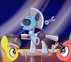 Size: 1440x1260 | Tagged: safe, artist:trackheadtherobopony, derpibooru import, oc, oc:silverstream (robot pony), oc:thunder (fl), oc:trackhead, pegasus, pony, robot, robot pony, cake, dancing, drink, food, wrench