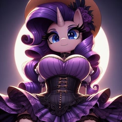 Size: 1024x1024 | Tagged: safe, ai content, derpibooru import, generator:dall-e 3, machine learning generated, rarity, anthro, unicorn, g4, big breasts, breasts, choker, cleavage, clothes, corset, garter belt, hands behind back, hat, horn, lolita fashion, looking at you, looking down, prompter:glimmy-glam, raritits, simple background, skirt, smiling, solo, solo focus, thighs