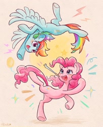 Size: 2583x3180 | Tagged: safe, artist:千雲九枭, derpibooru import, pinkie pie, rainbow dash, earth pony, pegasus, pony, g4, duo, duo female, female, flying, mare, open mouth, open smile, party horn, smiling, spread wings, wings