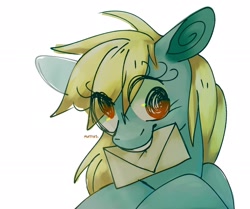 Size: 2224x1860 | Tagged: safe, artist:sunlighten_, derpibooru import, derpy hooves, pegasus, pony, g4, cute, envelope, eye clipping through hair, female, letter, mare, mouth hold, simple background, solo, swirly eyes, white background, wingding eyes