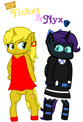 Size: 727x1065 | Tagged: safe, artist:princess-paige-place-of-fun, derpibooru import, oc, oc only, oc:nyx, oc:ticket, alicorn, pony, alicorn oc, anarchy panty, anarchy stocking, bipedal, bow, bracelet, clothes, crossover, cutie mark, dress, ear piercing, earring, female, goth, gothic lolita, hair bow, horn, jewelry, lolita fashion, mare, necklace, panty and stocking with garterbelt, piercing, simple background, slit eyes, smiling, socks, stockings, striped socks, text, thigh highs, transparent background, wings