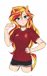 Size: 1281x2048 | Tagged: safe, artist:mlp_1121, derpibooru import, sunset shimmer, human, g4, adidas, clothes, eared humanization, football, humanized, looking at you, shirt, shorts, simple background, solo, sports, t-shirt, tail, tailed humanization, white background