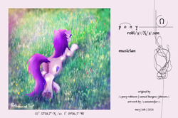 Size: 4872x3244 | Tagged: safe, artist:autumnsfur, derpibooru import, oc, oc only, oc:glitter stone, earth pony, pony, album cover, butt, butt fluff, chest fluff, coat markings, coordinates, cover art, credits, dawn, diamond, diamond cutie mark, ear fluff, ears, earth pony oc, facing away, female, fluffy, full body, grass, gray coat, gray fur, hoof heart, hooves, horseshoes, inspired by a song, latitude and longitude, lineless, location, long mane, long tail, looking at something, lying down, mare, musician, outdoors, parody, plot, ponified, pony oc, porter robinson, prone, purple hair, purple mane, rear, simple background, socks (coat marking), solo, species swap, tail, text, underhoof, unshorn fetlocks