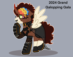 Size: 1348x1056 | Tagged: safe, artist:bluemoon, derpibooru import, oc, alicorn, pony, boots, clothes, coat markings, collar, curved horn, dress, fishnet clothing, fishnet stockings, gala dress, glasses, grand galloping gala, horn, nose piercing, piercing, shoes, skirt, socks (coat marking), solo, spread wings, stockings, thigh highs, wings