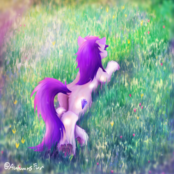 Size: 2792x2792 | Tagged: safe, artist:autumnsfur, derpibooru import, oc, oc only, oc:glitter stone, earth pony, pony, album cover, butt, butt fluff, chest fluff, coat markings, coordinates, cover art, credits, dawn, diamond, diamond cutie mark, ear fluff, ears, earth pony oc, facing away, female, fluffy, full body, grass, gray coat, gray fur, hoof heart, hooves, inspired by a song, latitude and longitude, lineless, location, long mane, long tail, looking at something, lying down, mare, musician, outdoors, parody, plot, ponified, pony oc, porter robinson, prone, purple hair, purple mane, rear, socks (coat marking), solo, species swap, tail, underhoof, unshorn fetlocks