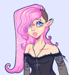 Size: 564x613 | Tagged: safe, artist:kreeeeeez, derpibooru import, fluttershy, human, g4, bust, cross, cross necklace, ear piercing, elf ears, eyebrow piercing, female, humanized, jewelry, light blue background, necklace, piercing, simple background, solo