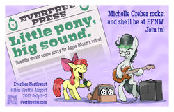 Size: 5100x3300 | Tagged: safe, artist:pedantia, derpibooru import, apple bloom, oc, oc:front page, earth pony, pony, g4, everfree northwest, female, filly, foal, glasses, guitar, michelle creber, musical instrument, ponified, species swap