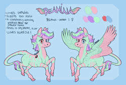 Size: 2100x1412 | Tagged: safe, artist:reamina, derpibooru import, oc, oc only, oc:reamina, hybrid, zebra, zony, blue background, blue eyes, color palette, colored hooves, colored wings, female, female symbol, heterochromia, leonine tail, looking at you, mare, multicolored wings, red eyes, reference sheet, simple background, solo, spread wings, stripes, tail, wings, zebrasus