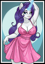 Size: 1240x1754 | Tagged: safe, artist:rekheadz, derpibooru import, rarity, anthro, unicorn, g4, arm behind head, armpits, bedroom eyes, big breasts, breasts, cleavage, clothes, dress, female, glowing, glowing horn, horn, mare, pink dress, raritits, smiling, solo