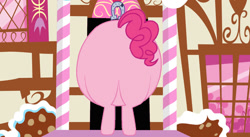 Size: 1208x661 | Tagged: safe, artist:cadpigdog97, derpibooru import, pinkie pie, earth pony, pony, g4, balloonbutt, butt, fat, huge butt, impossibly large butt, large butt, pudgy pie, rear view, stuck, sugarcube corner, the ass is monstrously oversized for tight entrance