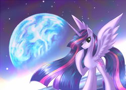 Size: 1135x813 | Tagged: safe, artist:ninkitka, derpibooru import, princess twilight 2.0, twilight sparkle, twilight sparkle (alicorn), alicorn, pony, g4, the last problem, concave belly, equestria, ethereal mane, ethereal tail, female, globe, missing accessory, older, older twilight, older twilight sparkle (alicorn), planet, space, stars, tail, world