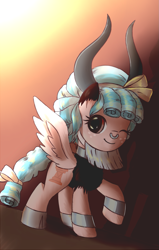 Size: 1091x1713 | Tagged: safe, artist:ninkitka, derpibooru import, cozy glow, alicorn, pony, g4, clothes, cosplay, costume, cute, fake horn, female, filly, foal, implied lord tirek, solo