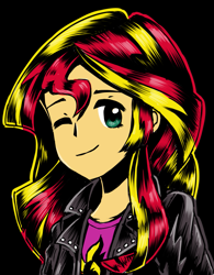 Size: 1193x1533 | Tagged: safe, artist:ninkitka, derpibooru import, sunset shimmer, human, equestria girls, g4, black background, clothes, female, one eye closed, shirt, simple background, solo, wink