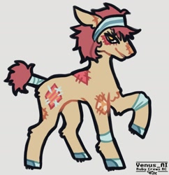 Size: 1600x1652 | Tagged: safe, artist:venus_ai_, derpibooru import, patch (g1), earth pony, pony, g1, alternate cutie mark, alternate design, alternate hairstyle, alternate tailstyle, bracelet, facial markings, female, headband, jewelry, leg fluff, mare, red mane, signature, tail, tail accessory, unshorn fetlocks, yellow coat