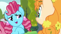 Size: 1920x1088 | Tagged: safe, derpibooru import, screencap, cup cake, pear butter, earth pony, pony, g4, season 7, the perfect pear, chiffon swirl, duo, duo female, female, lidded eyes, looking at each other, looking at someone, smiling, teasing