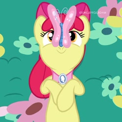 Size: 864x867 | Tagged: safe, artist:cmc.apple.bloom, derpibooru import, apple bloom, butterfly, earth pony, pony, g4, the last problem, butterfly on nose, female, insect on nose, mare, older, older apple bloom, solo
