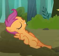 Size: 515x488 | Tagged: safe, derpibooru import, screencap, scootaloo, pegasus, pony, g4, sleepless in ponyville, belly, cropped, eyes closed, smiling, solo