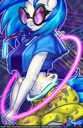 Size: 990x1530 | Tagged: safe, artist:inkkeystudios, derpibooru import, dj pon-3, vinyl scratch, anthro, unguligrade anthro, unicorn, g4, abstract background, clothes, colored eyebrows, eyebrows, eyelashes, eyeshadow, female, glasses, glowstick, hands together, hoodie, horn, jewelry, lidded eyes, looking at you, makeup, midriff, music notes, necklace, outline, signature, skirt, solo, text, top, vinyl's glasses