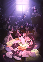 Size: 2067x2953 | Tagged: safe, artist:ramiras, derpibooru import, smarty pants, twilight sparkle, unicorn twilight, pony, unicorn, fanfic:twin twilights, g4, apple, biting, book, carpet, clone, crepuscular rays, cute, ears, eating, fanfic art, female, floppy ears, food, glowing, glowing horn, high res, horn, indoors, levitation, lying down, magic, magic aura, mare, multeity, nom, one eye closed, open mouth, prone, reading, sitting, smiling, sparkle sparkle sparkle, tail, tail bite, telekinesis, twiabetes, window