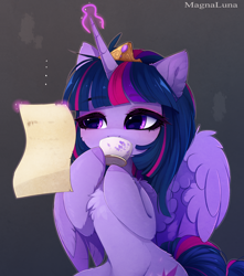 Size: 3926x4443 | Tagged: safe, artist:magnaluna, derpibooru import, twilight sparkle, twilight sparkle (alicorn), alicorn, pony, g4, absurd resolution, cheek fluff, chest fluff, crown, cup, cute, drink, drinking, eyebrows, eyebrows visible through hair, female, glowing, glowing horn, high res, hoof hold, horn, jewelry, levitation, magic, magic aura, mare, palindrome get, reading, regalia, scroll, solo, teacup, telekinesis, twiabetes, wings