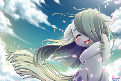 Size: 1800x1200 | Tagged: safe, artist:symbianl, derpibooru import, marble pie, earth pony, pony, g4, blushing, cloud, cute, ears, eyes closed, female, floppy ears, hair over one eye, marblebetes, mare, open mouth, open smile, outdoors, petal, petals, signature, sitting, sky, smiling, solo, symbianl is trying to murder us, tail, weapons-grade cute, windswept mane