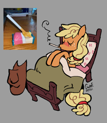 Size: 2938x3368 | Tagged: safe, artist:dartoons, derpibooru import, applejack, earth pony, pony, g4, bed, cigarette, eyes closed, female, gray background, hat off, in bed, mare, meme, simple background, sleeping, smoking, solo, toy interpretation