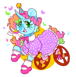 Size: 2023x2048 | Tagged: safe, artist:cocopudu, derpibooru import, oc, oc only, oc:sherbet blossom, pony, unicorn, bowtie, clothes, confetti, dress, female, freckles, hat, horn, mare, mary janes, missing limb, open mouth, open smile, party hat, polka dots, shoes, simple background, smiling, socks, solo, white background