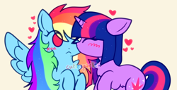 Size: 1250x640 | Tagged: safe, artist:cutiesparke, derpibooru import, rainbow dash, twilight sparkle, unicorn twilight, pegasus, pony, unicorn, g4, :<, alternate hairstyle, blushing, chest fluff, duo, eyes closed, female, heart, horn, lesbian, long mane, mare, one eye closed, raised hoof, raised leg, shipping, simple background, spread wings, twidash, wings, yellow background