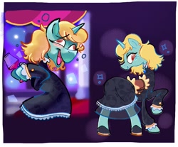 Size: 2048x1698 | Tagged: safe, artist:chipchapp, derpibooru import, oc, oc only, oc:kit kat, pony, unicorn, abstract background, black dress, blonde, blonde mane, border, brown eyes, canterlot castle interior, clothes, colored, curtains, dancing, derp, dress, drink, drunk, drunk bubbles, duality, eyelashes, female, frilly, frilly dress, gala dress, gala outfit, glass, hoof hold, hoof shoes, horn, indoors, lidded eyes, looking back, mare, mint coat, mlptwtgala, open mouth, open smile, raised hoof, raised leg, smiling, solo, sparkles, standing, unicorn horn, unicorn oc