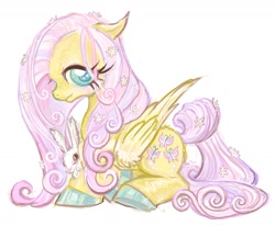 Size: 1560x1287 | Tagged: safe, artist:eyerealm, derpibooru import, angel bunny, fluttershy, pegasus, pony, rabbit, g4, alternate design, animal, big eyes, blushing, colored hooves, curly hair, curly mane, curly tail, duo, duo male and female, eyelashes, female, flower, flower in hair, flower in tail, folded wings, lidded eyes, male, mare, pink mane, pink tail, profile, shiny hooves, simple background, sitting, smiling, solo, tail, teal eyes, white background, wing fluff, wingding eyes, wings, yellow coat