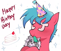 Size: 2048x1726 | Tagged: safe, artist:petaltwinkle, derpibooru import, oc, oc only, oc:cj (chikin), pony, unicorn, birthday art, blue mane, blushing, cake, five nights at freddy's, five nights at freddy's: security breach, food, gift art, hat, hat on horn, hoof hold, horn, male, party hat, plushie, red coat, roxanne wolf, simple background, smiling, solo, sparkles, stallion, text, unicorn oc, unusual eyes, unusual pupils, white background