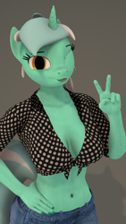 Size: 2160x3840 | Tagged: safe, alternate version, artist:~stuffguy123, derpibooru import, lyra heartstrings, anthro, g4, 3d, belly button, clothes, gradient background, hand on hip, looking at you, one eye closed, peace sign, source filmmaker, tongue, tongue out, wink