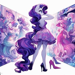 Size: 1024x1024 | Tagged: safe, ai content, derpibooru import, machine learning generated, rarity, anthro, g4, abstract background, adorasexy, backless, bare shoulders, clothes, cute, dress, female, high heels, prompter:horselover fat, rear view, sexy, shoes, simple background, sleeveless, standing, white background