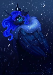Size: 1453x2048 | Tagged: safe, artist:owl_clare, derpibooru import, princess luna, alicorn, pony, g4, clothes, curved horn, female, horn, jewelry, mare, regalia, snow, snowfall, solo, wingding eyes