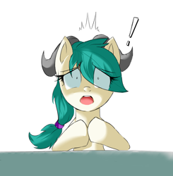 Size: 818x834 | Tagged: safe, artist:nac0n, derpibooru import, earth pony, pony, g4, capricorn, capricorn (g4), exclamation point, eye clipping through hair, female, mare, open mouth, ponyscopes, shocked, shocked expression, simple background, solo, white background