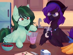 Size: 2224x1668 | Tagged: safe, artist:_saharts, derpibooru import, oc, oc only, oc:eden shallowleaf, oc:luminous breeze, hippogriff, pegasus, pony, blender (object), commissioner:rainbowdash69, drink, duo, food, hippogriff oc, kitchen, milkshake, pegasus oc, straw, straw in mouth, strawberry