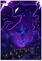 Size: 1491x2160 | Tagged: safe, artist:owl_clare, derpibooru import, princess luna, tantabus, alicorn, pony, unicorn, g4, duo, female, flying, horn, mare, mountain, night, ponyville, river, scenery, spread wings, water, wings