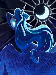 Size: 1417x1889 | Tagged: safe, artist:owl_clare, derpibooru import, princess luna, alicorn, pony, g4, crescent moon, female, looking at you, looking back, looking back at you, mare, moon, solo, spread wings, wings